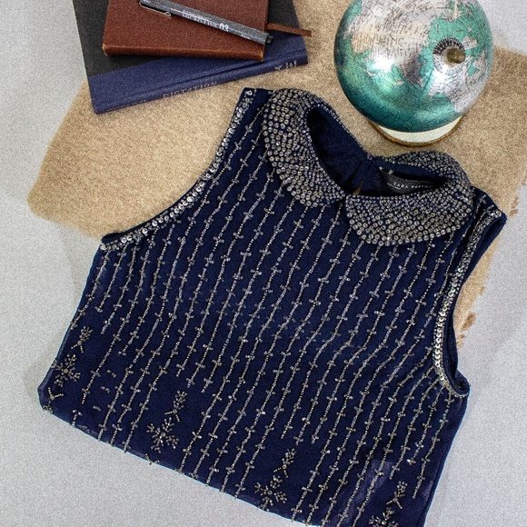 Zara - Bedazzled Blue Collar Sleeveless Sheer Top